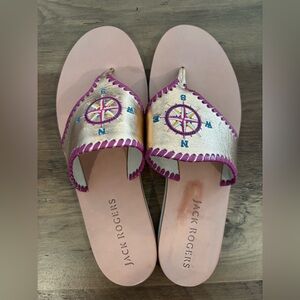 NEW Jack Rogers Gold Leather & Hot Pink Embroidered Compass Design Flat Sandals